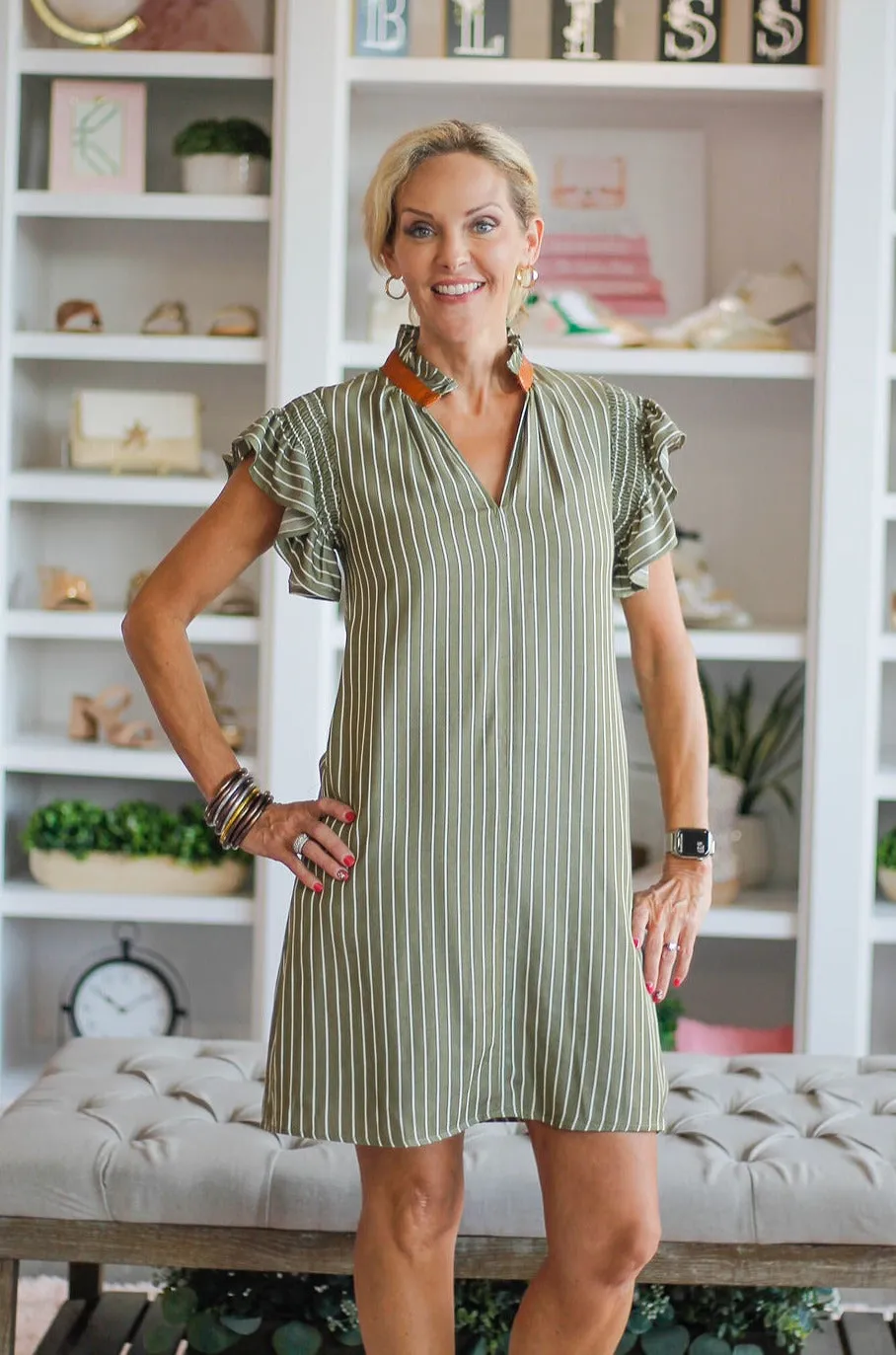 Olive & Cream Striped Flutter Sleeve Dress