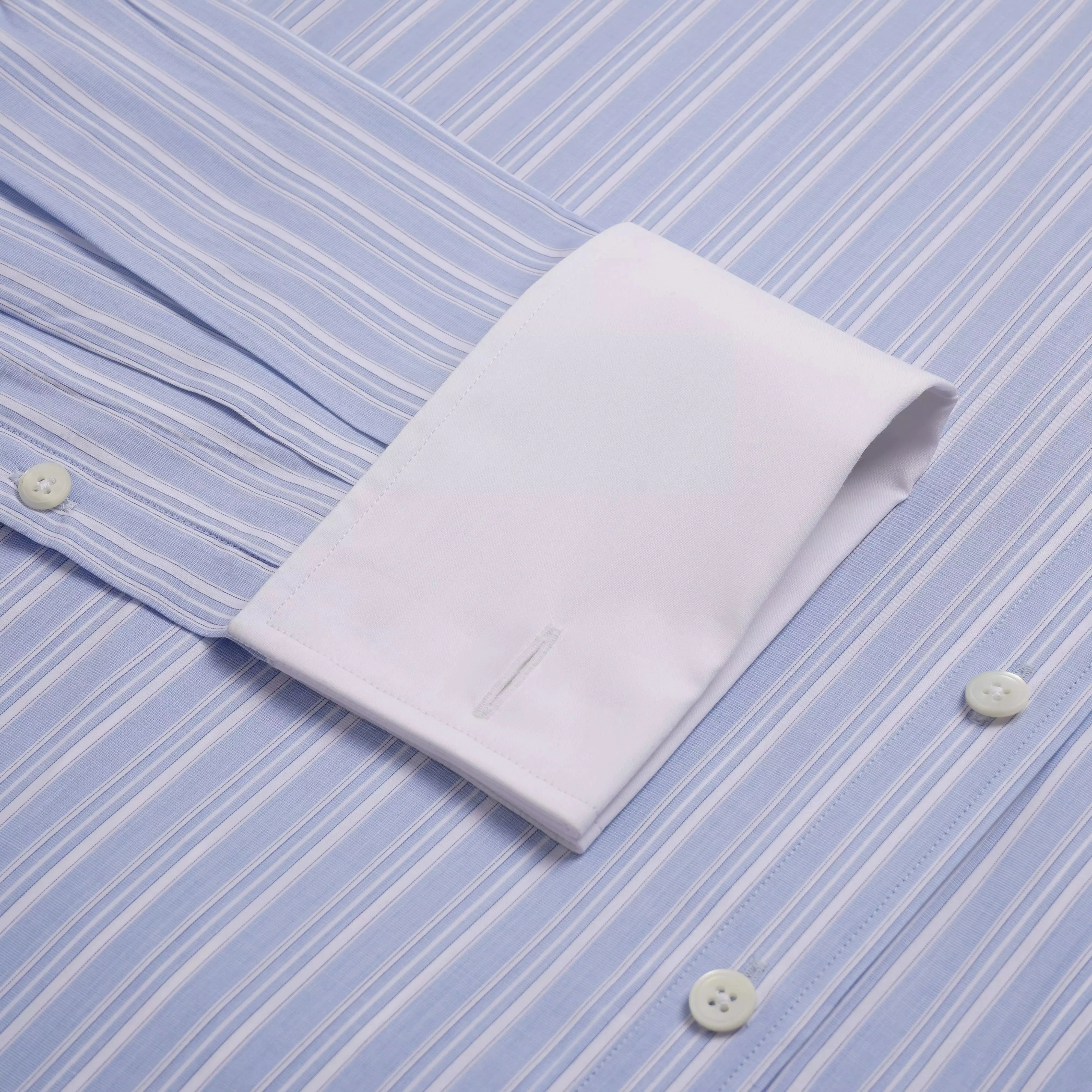 Pale Blue & White Tailored Fit French Cuff Devonshire Stripe Formal Shirt