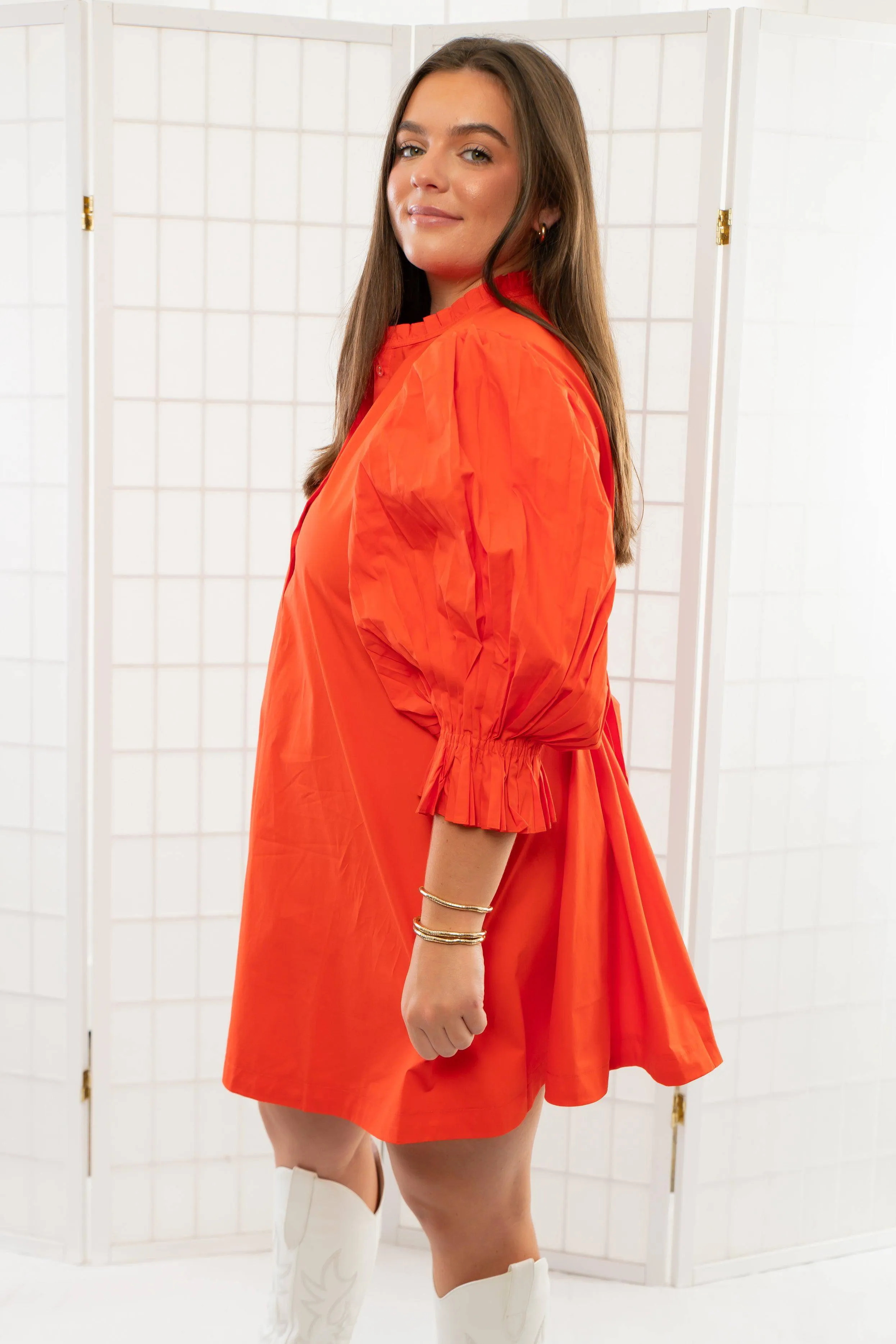 Park Orange Pleated Sleeve Mini Dress