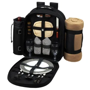 Picnic at Ascot - Deluxe Equipped 2 Person Picnic Backpack with Cooler, Insulated Wine Holder and Blanket - Black