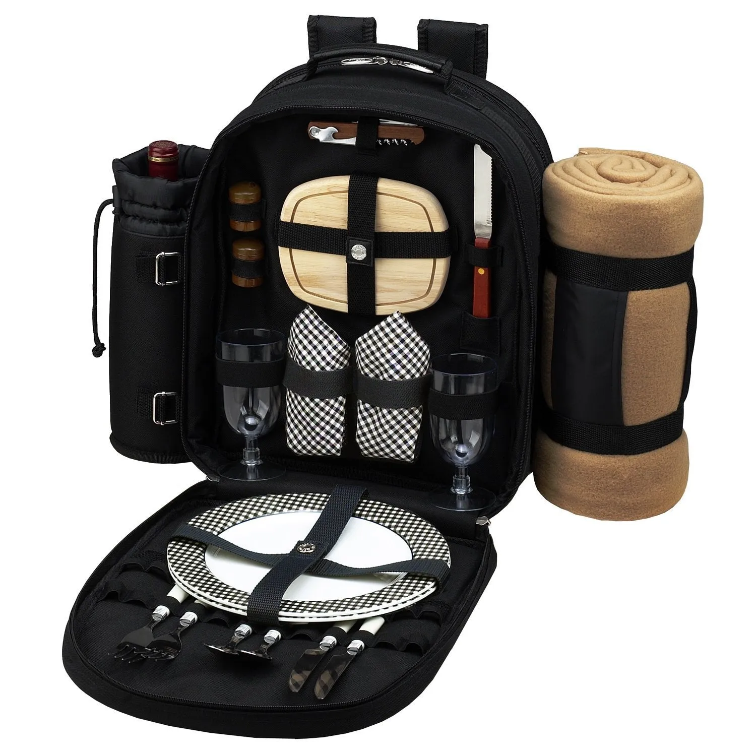 Picnic at Ascot - Deluxe Equipped 2 Person Picnic Backpack with Cooler, Insulated Wine Holder and Blanket - Black