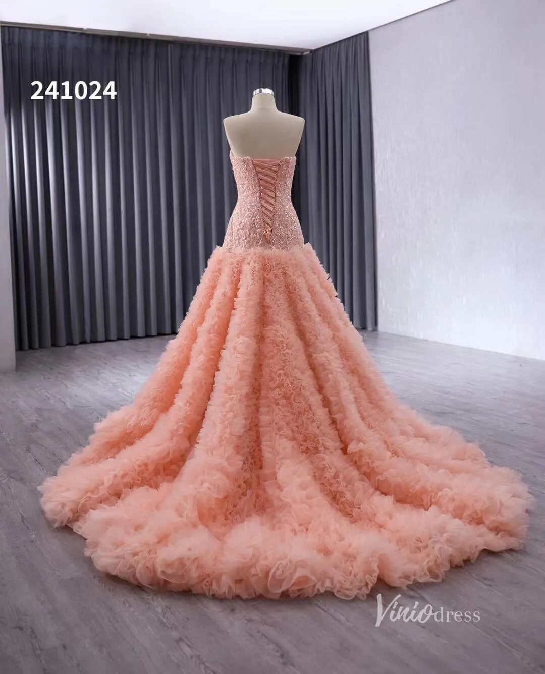Pink Beaded Ruffled Wedding Dresses Strapless Quinceanera Dress 241024