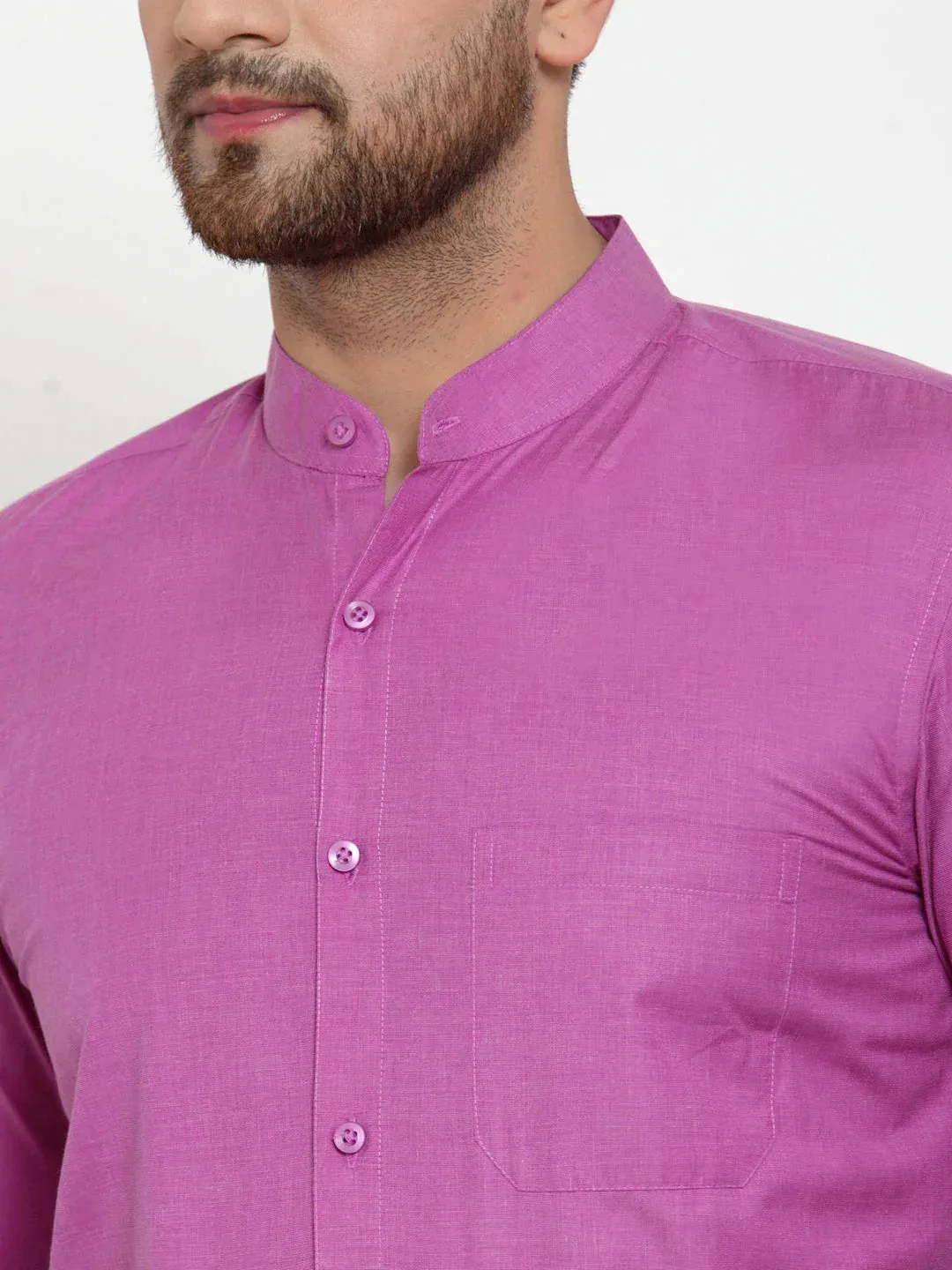 Pink Men'S Cotton Solid Mandarin Collar Formal Shirts