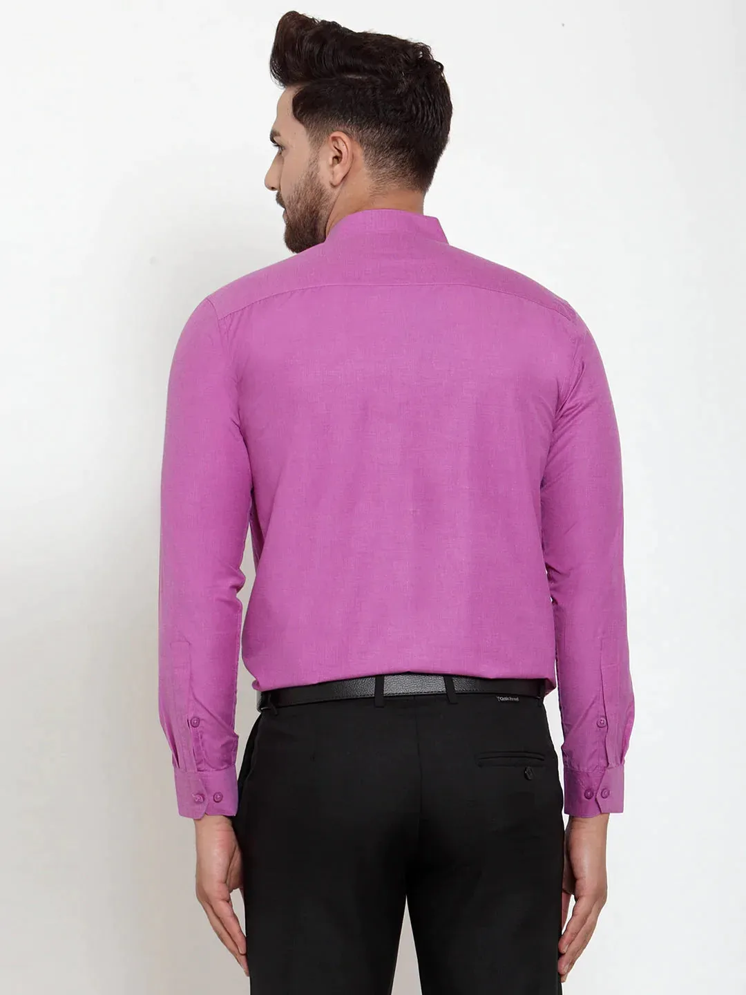 Pink Men'S Cotton Solid Mandarin Collar Formal Shirts