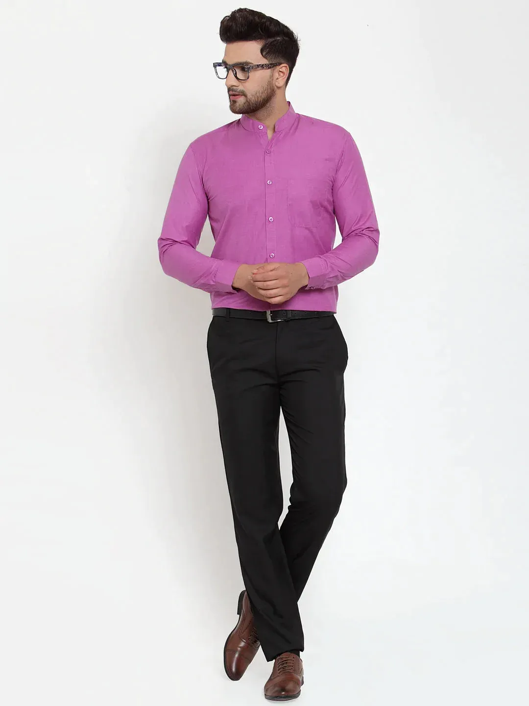 Pink Men'S Cotton Solid Mandarin Collar Formal Shirts