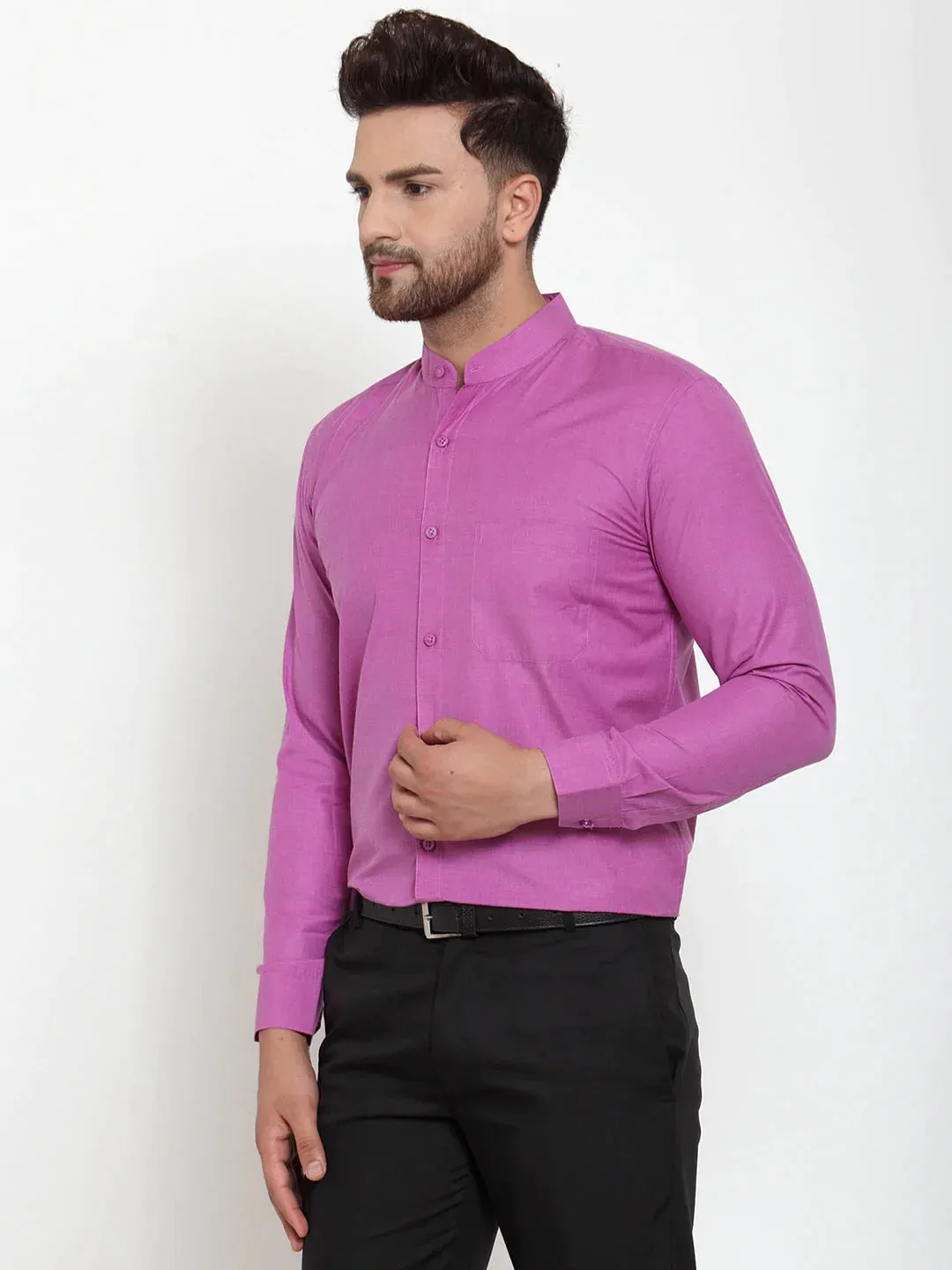 Pink Men'S Cotton Solid Mandarin Collar Formal Shirts