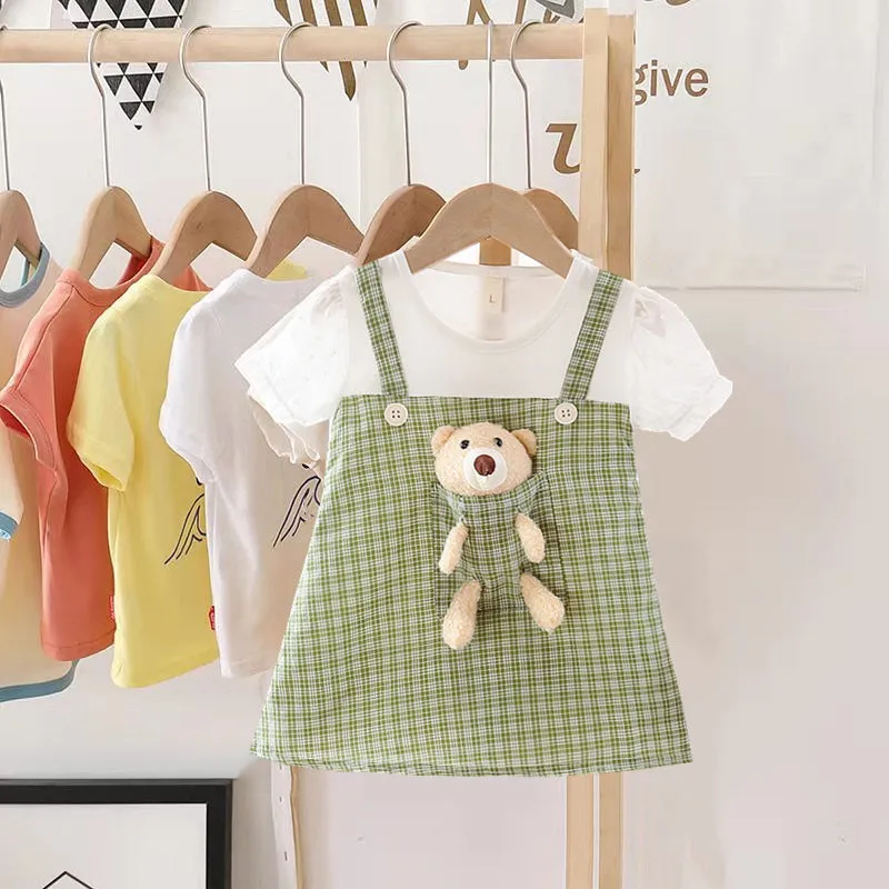 Playful 3D Teddy Suspender Style Girls Dress