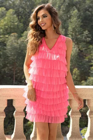 Playful Aesthetic V-Neck Tiered Mesh Mini Dress