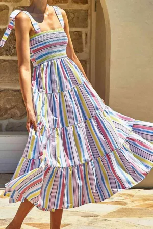 Playful Vibe Striped Tiered Tie Shoulder Midi Dress