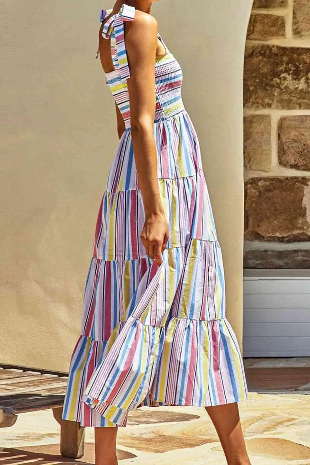 Playful Vibe Striped Tiered Tie Shoulder Midi Dress