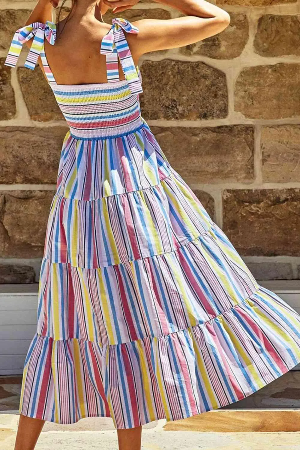 Playful Vibe Striped Tiered Tie Shoulder Midi Dress