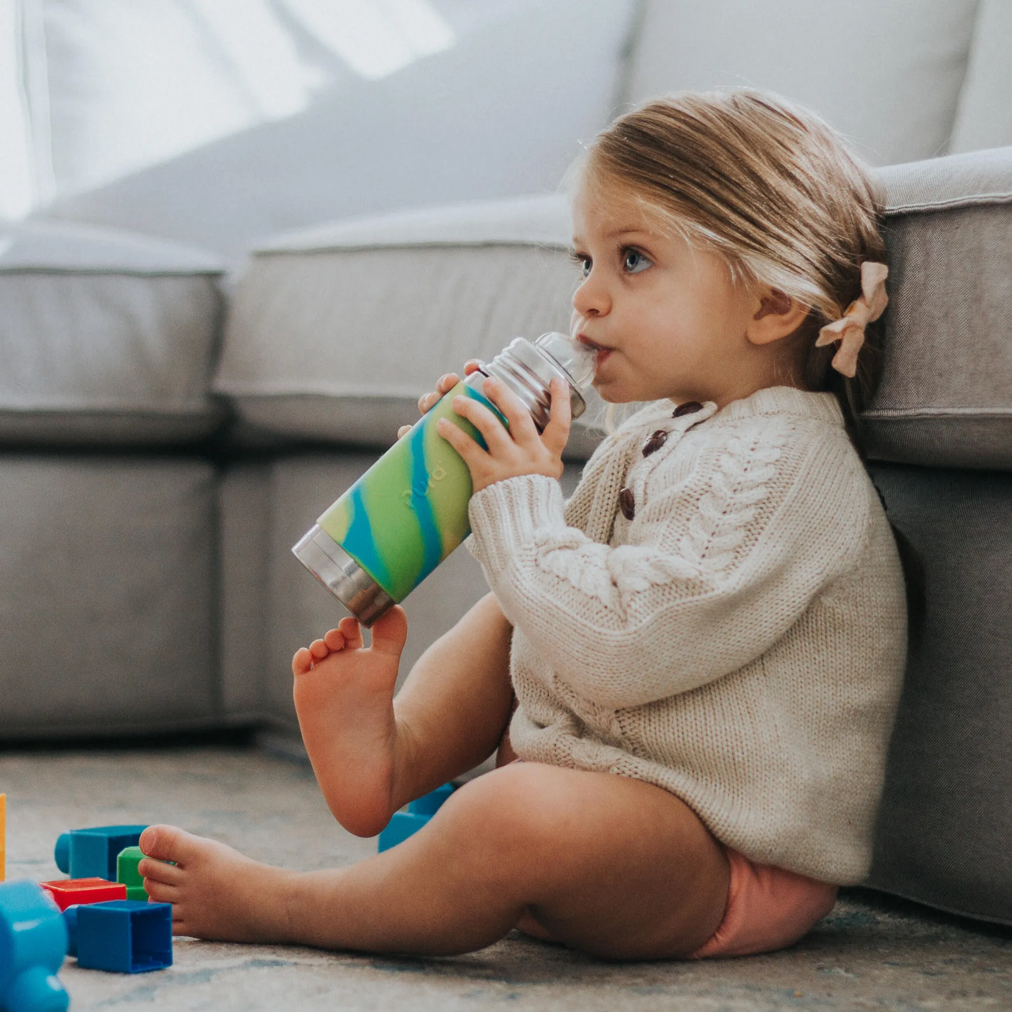 Pura Stainless Kiki® 9oz Insulated Sippy Bottle: Aqua Blue Sleeve
