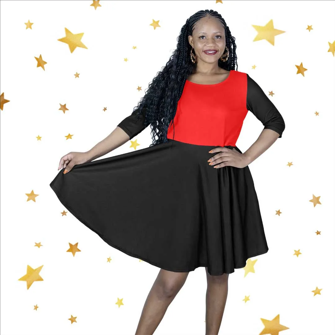Red and Black Half Sleeve Skater Dress