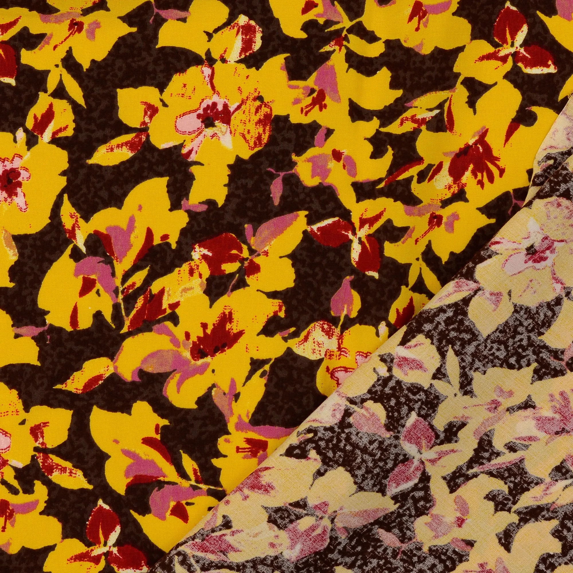 REMNANT 1.55 Metres - Floral Scene Yellow Viscose Poplin Fabric
