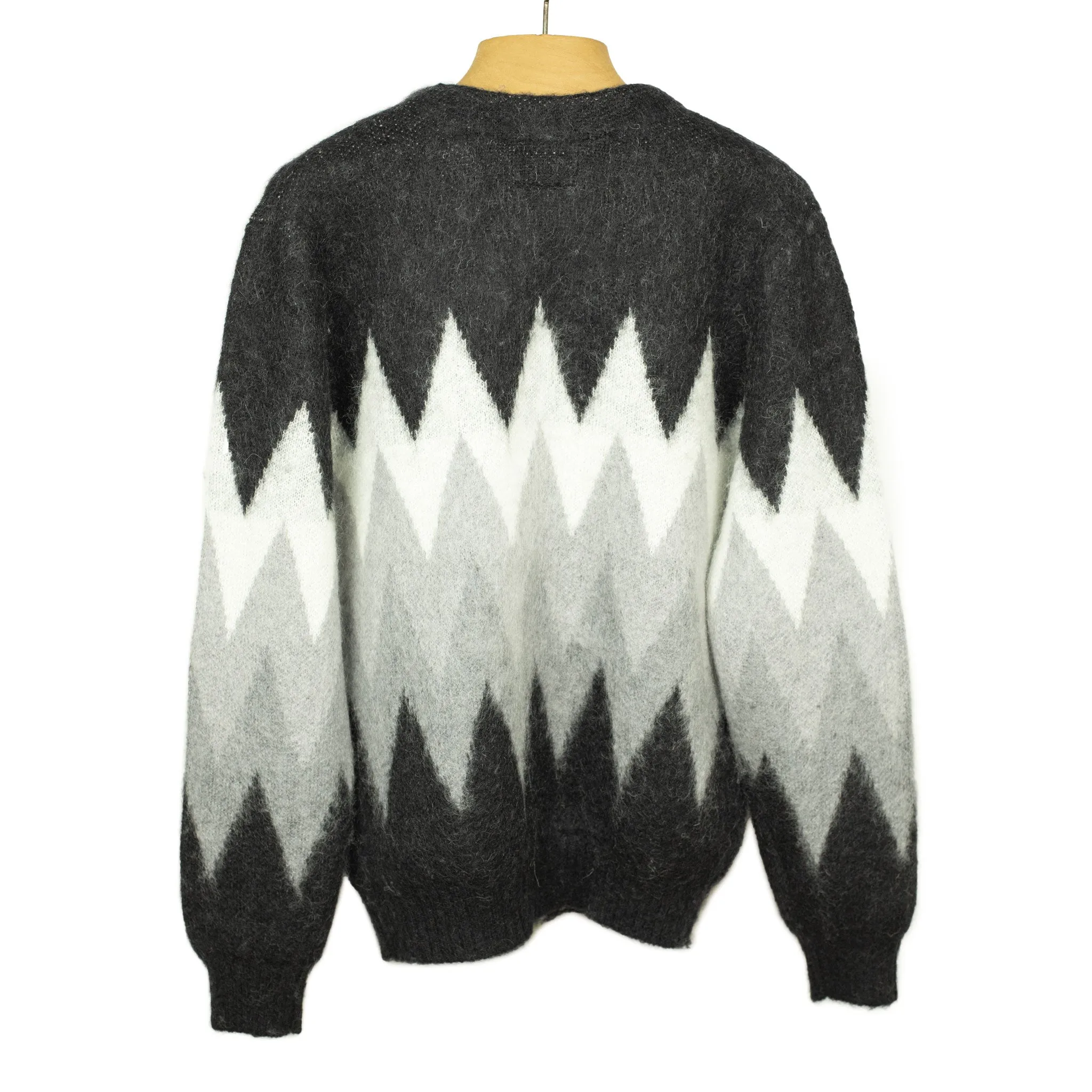 Shaggy cardigan in black and grey chevron stripe mohair blend