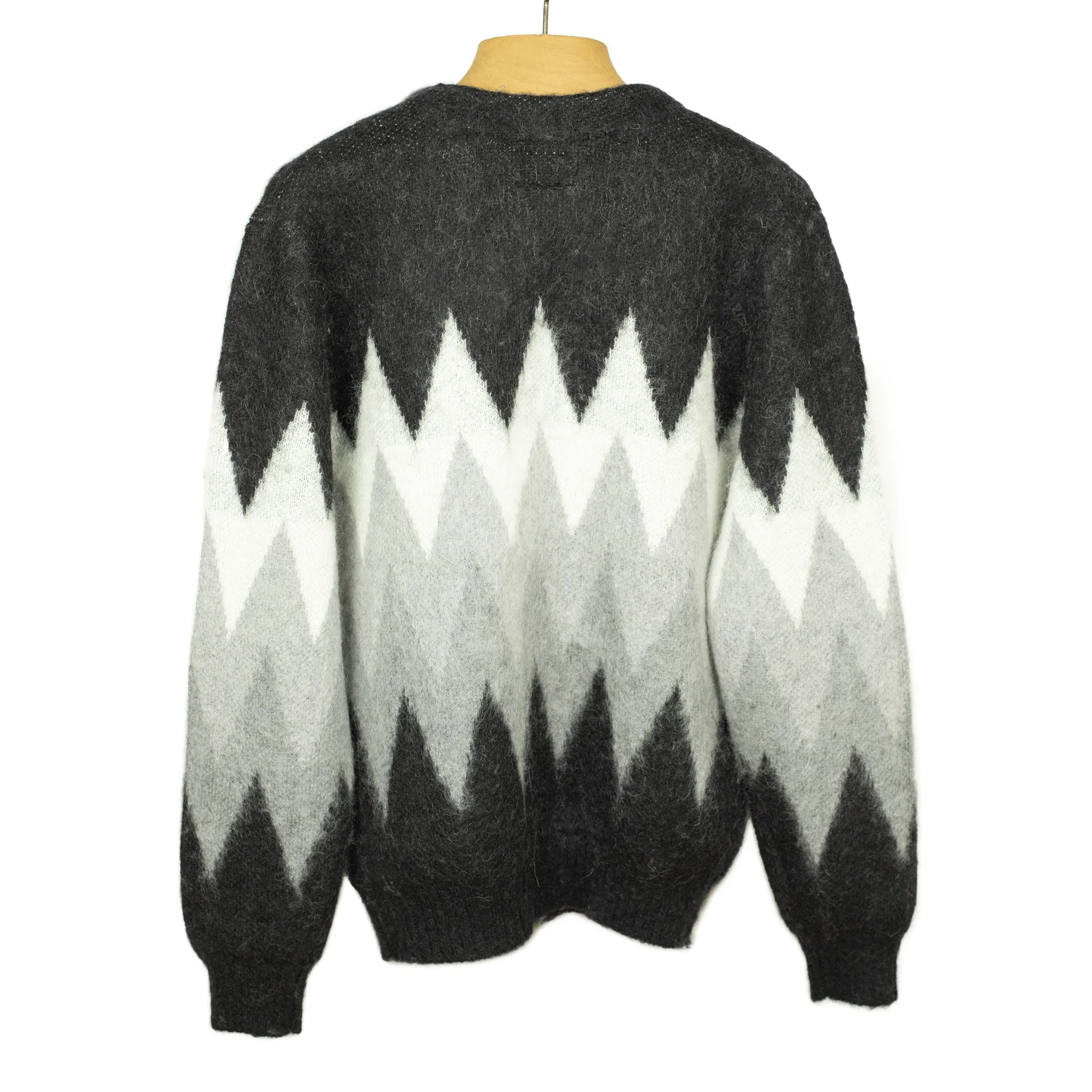 Shaggy cardigan in black and grey chevron stripe mohair blend