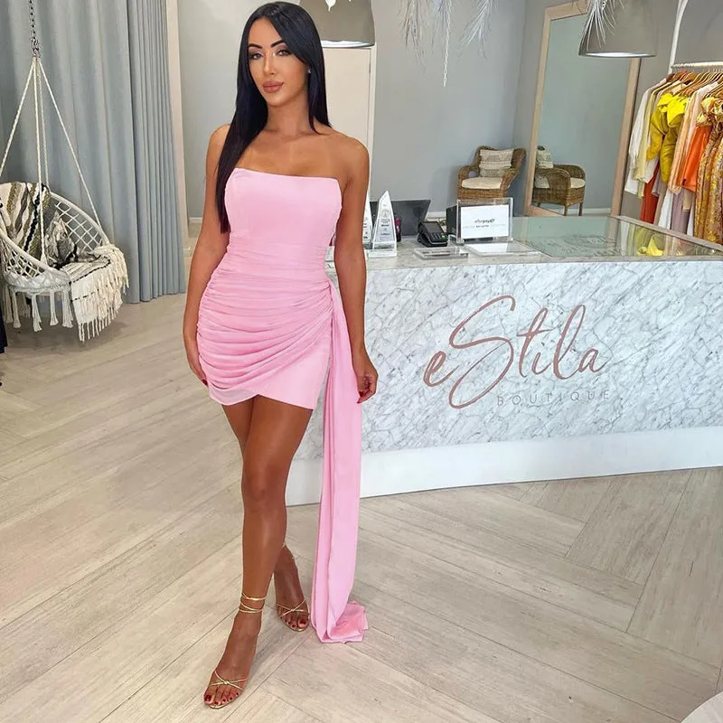 Sheer Ribbon Strapless Short Dress