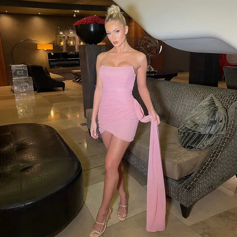 Sheer Ribbon Strapless Short Dress