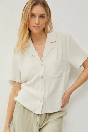 Short Sleeve V Neck Collared Button Down Top with Pockets