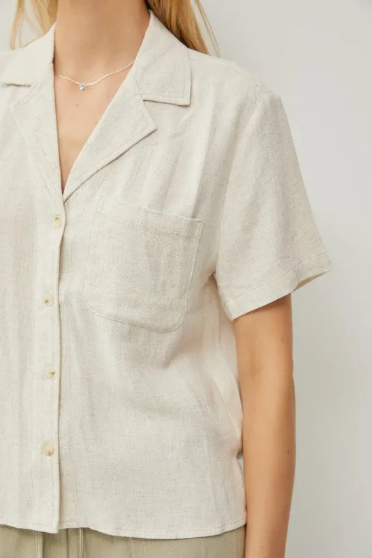 Short Sleeve V Neck Collared Button Down Top with Pockets