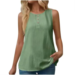 Simple Basic Tank for Women 2025 Button Embellished Solid Camisole Sleeveless Round Neck Top Lightweight Resort Shirt