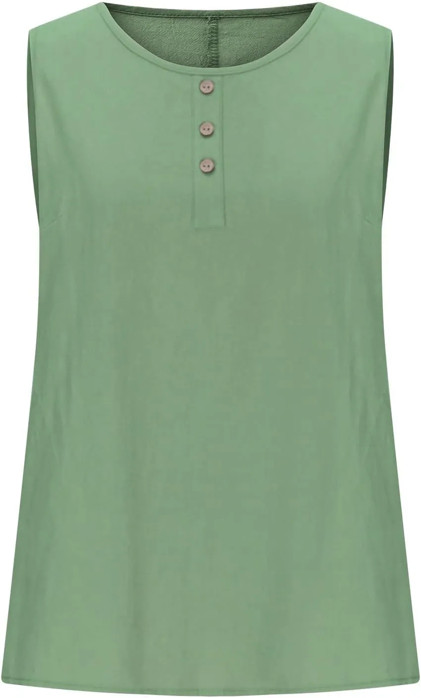 Simple Basic Tank for Women 2025 Button Embellished Solid Camisole Sleeveless Round Neck Top Lightweight Resort Shirt