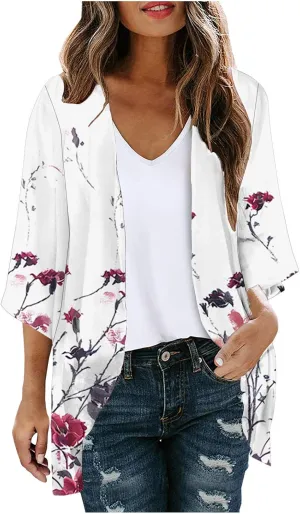Summer Cardigans Tops for Women Lightweight Chiffon Blouses Trendy 3/4 Sleeve Floral Cardigan Beach Cover Ups 2025