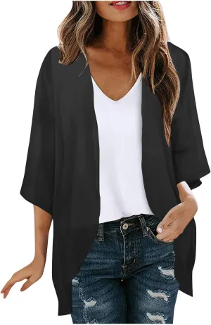 Summer Cardigans Tops for Women Lightweight Chiffon Blouses Trendy 3/4 Sleeve Floral Cardigan Beach Cover Ups 2025