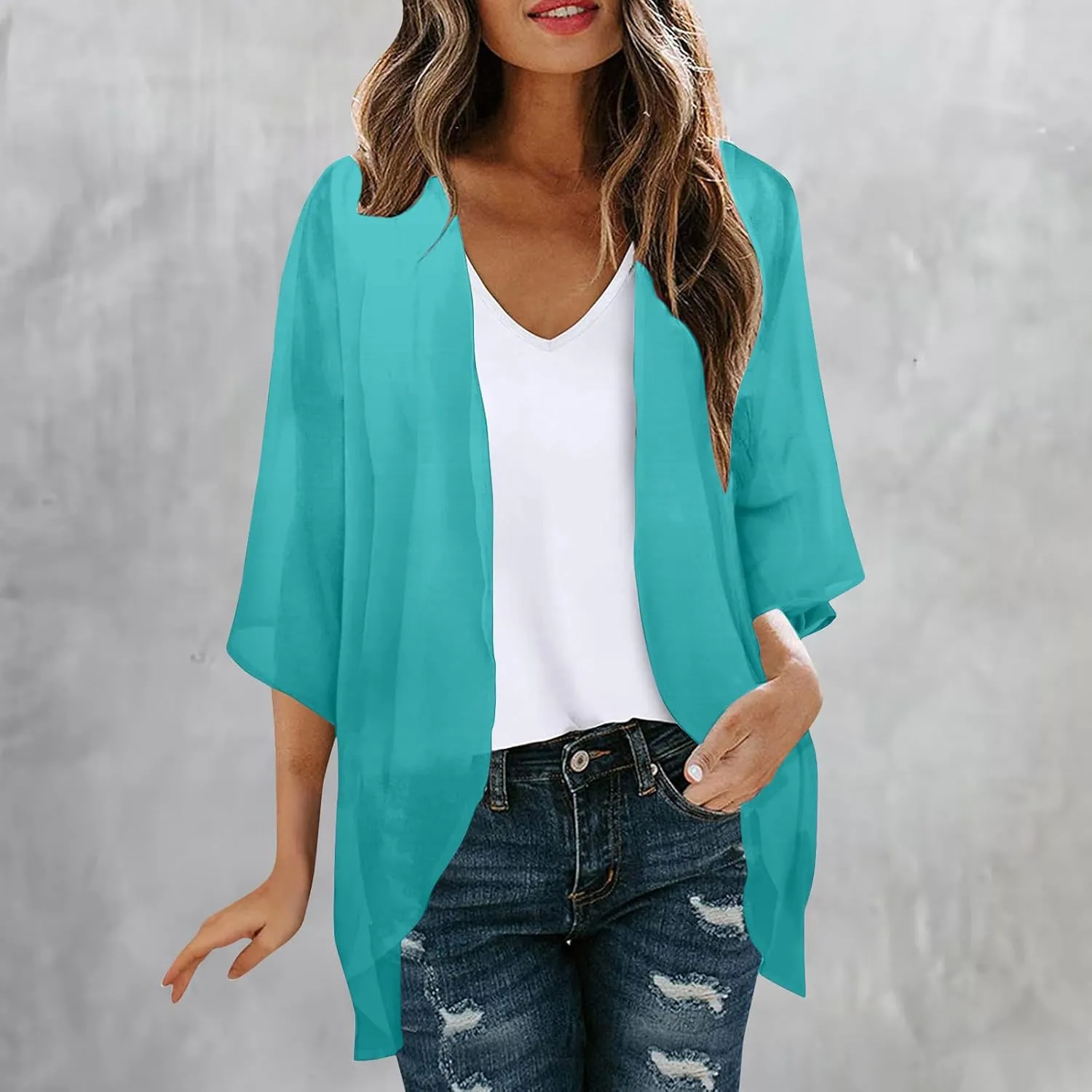 Summer Cardigans Tops for Women Lightweight Chiffon Blouses Trendy 3/4 Sleeve Floral Cardigan Beach Cover Ups 2025