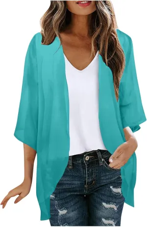 Summer Cardigans Tops for Women Lightweight Chiffon Blouses Trendy 3/4 Sleeve Floral Cardigan Beach Cover Ups 2025