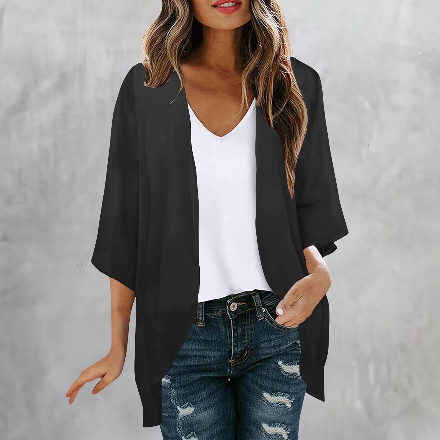 Summer Cardigans Tops for Women Lightweight Chiffon Blouses Trendy 3/4 Sleeve Floral Cardigan Beach Cover Ups 2025