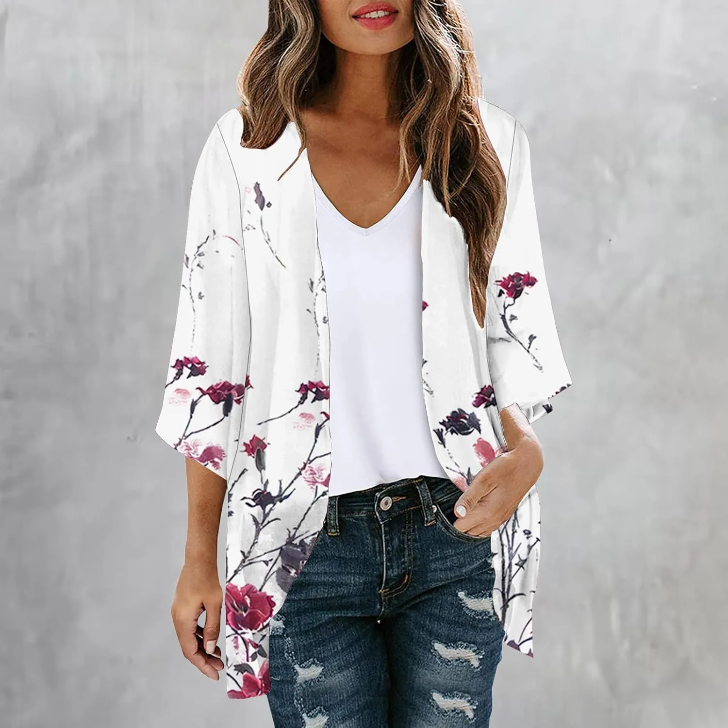 Summer Cardigans Tops for Women Lightweight Chiffon Blouses Trendy 3/4 Sleeve Floral Cardigan Beach Cover Ups 2025