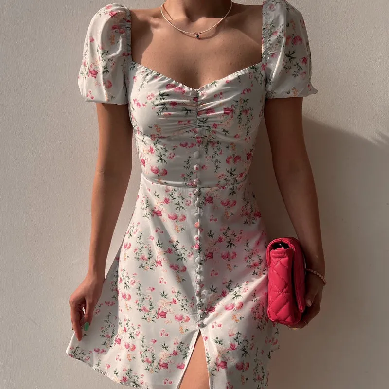 Summer Fashion Bubble Sleeve Floral V-neck Dress