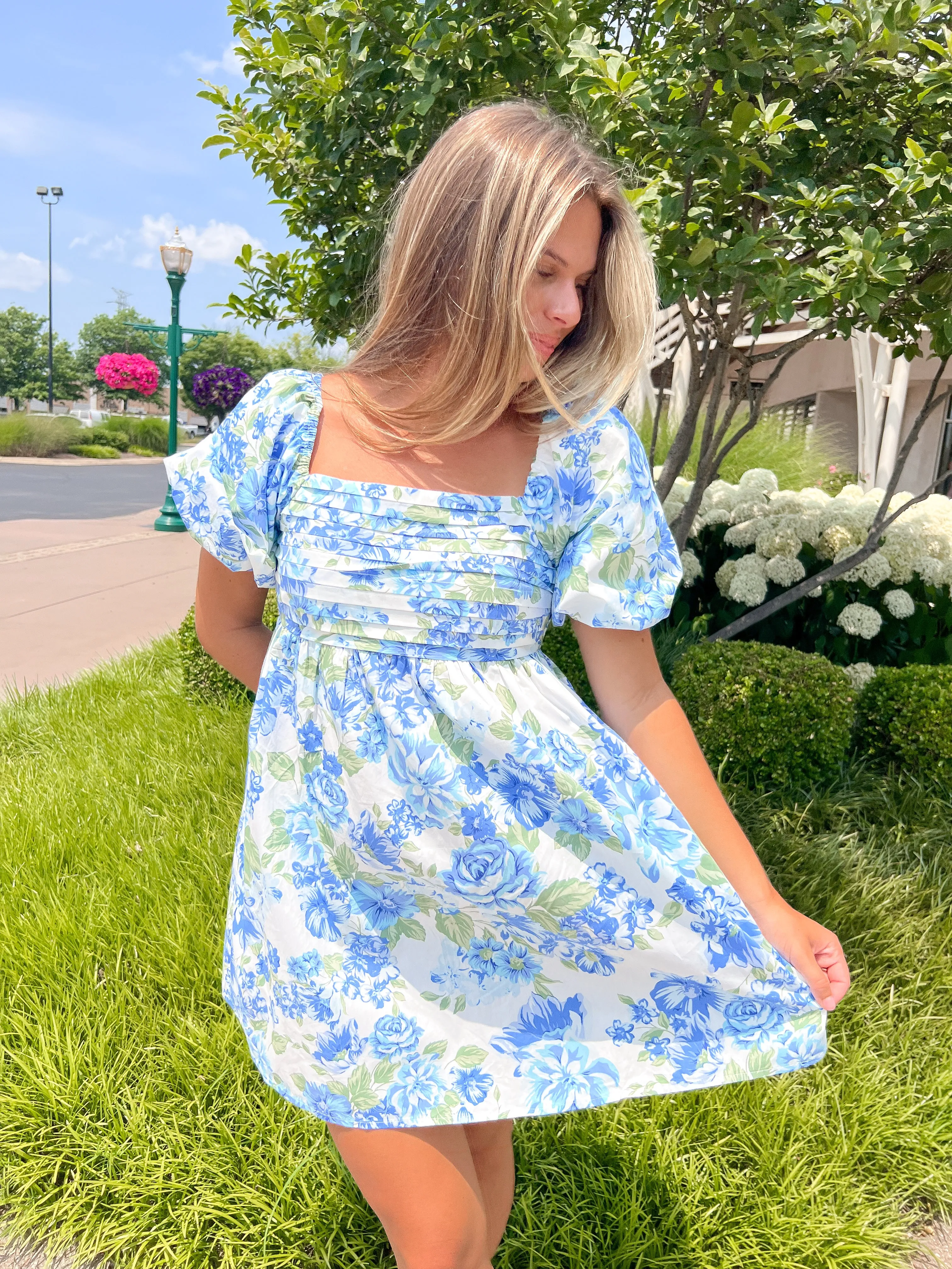 Truth Be Told Blue Floral Pleated Dress