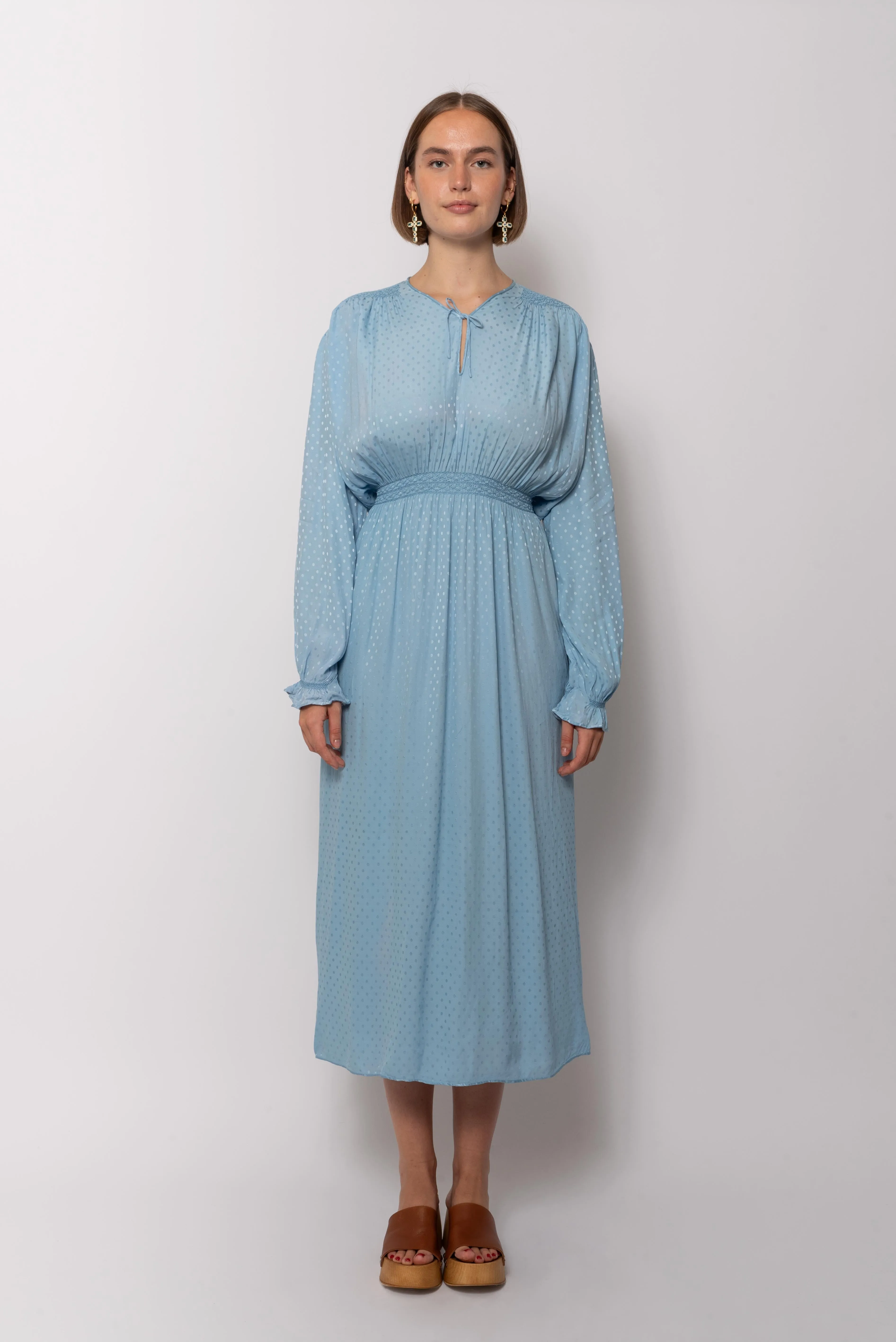 Vintage 1930s Ocean Blue Silk Polka Dot Smocked Waist Dress