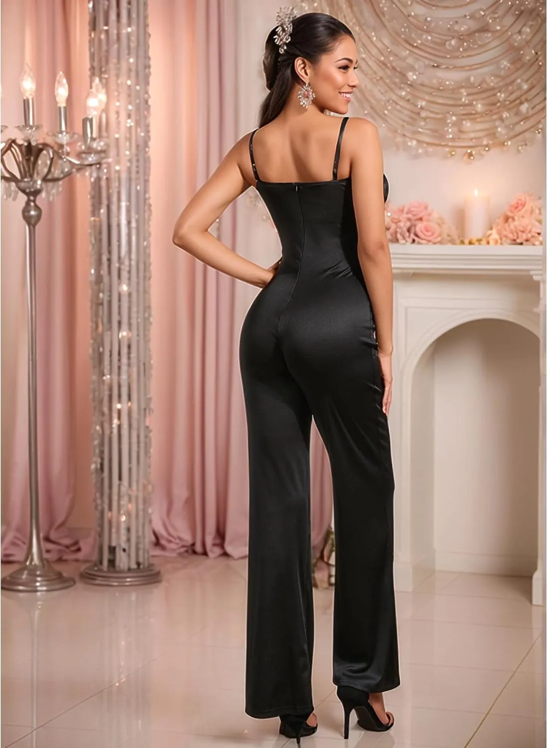 Women Sexy Elegant Sparkly Rhinestone Bodycon Jumpsuit Wide Leg Mesh See Through Party Club Night Outfit
