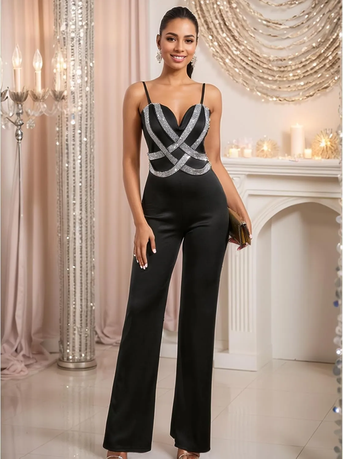 Women Sexy Elegant Sparkly Rhinestone Bodycon Jumpsuit Wide Leg Mesh See Through Party Club Night Outfit
