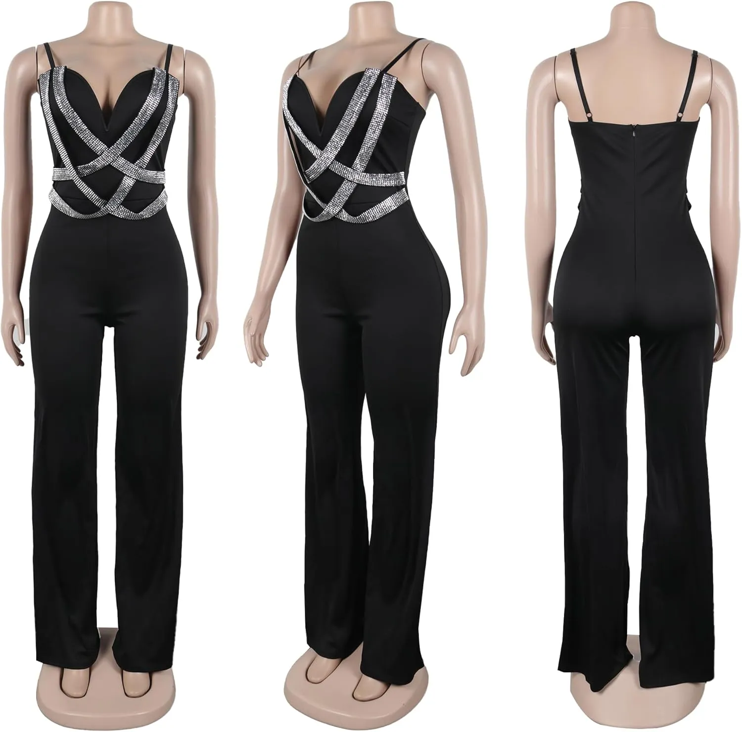 Women Sexy Elegant Sparkly Rhinestone Bodycon Jumpsuit Wide Leg Mesh See Through Party Club Night Outfit