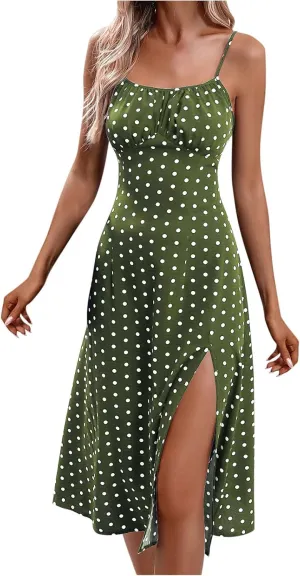 Women Spaghetti Strap Midi Dresses Summer Sleeveless Side Split Cami Sundress Polka Dot Print Evening Party Gown Dress