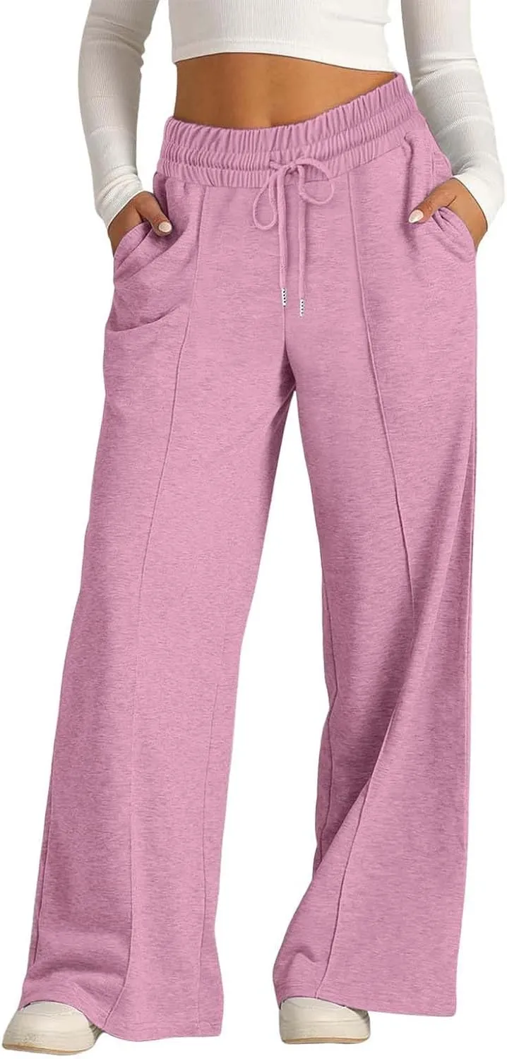 Women Wide Leg Sweatpant High Waist Cotton Baggy Casual Drawstring Waist Running Joggers Pants with Pockets