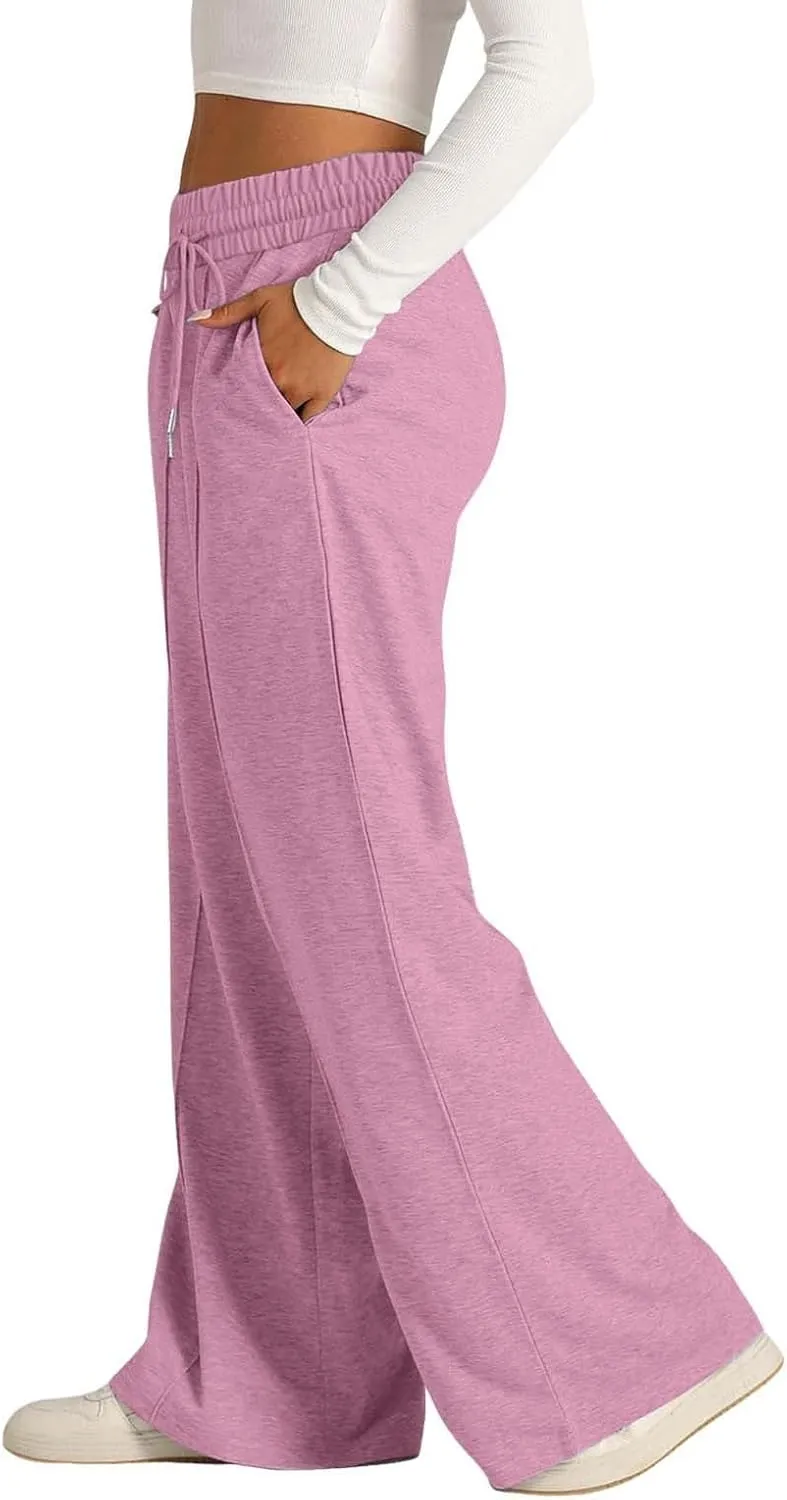 Women Wide Leg Sweatpant High Waist Cotton Baggy Casual Drawstring Waist Running Joggers Pants with Pockets