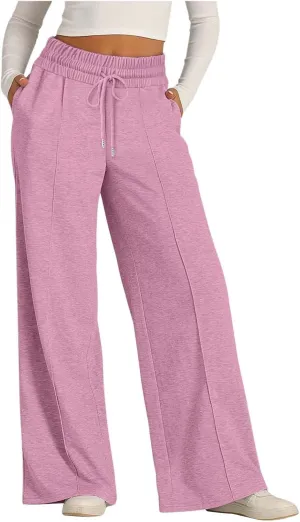 Women Wide Leg Sweatpant High Waist Cotton Baggy Casual Drawstring Waist Running Joggers Pants with Pockets