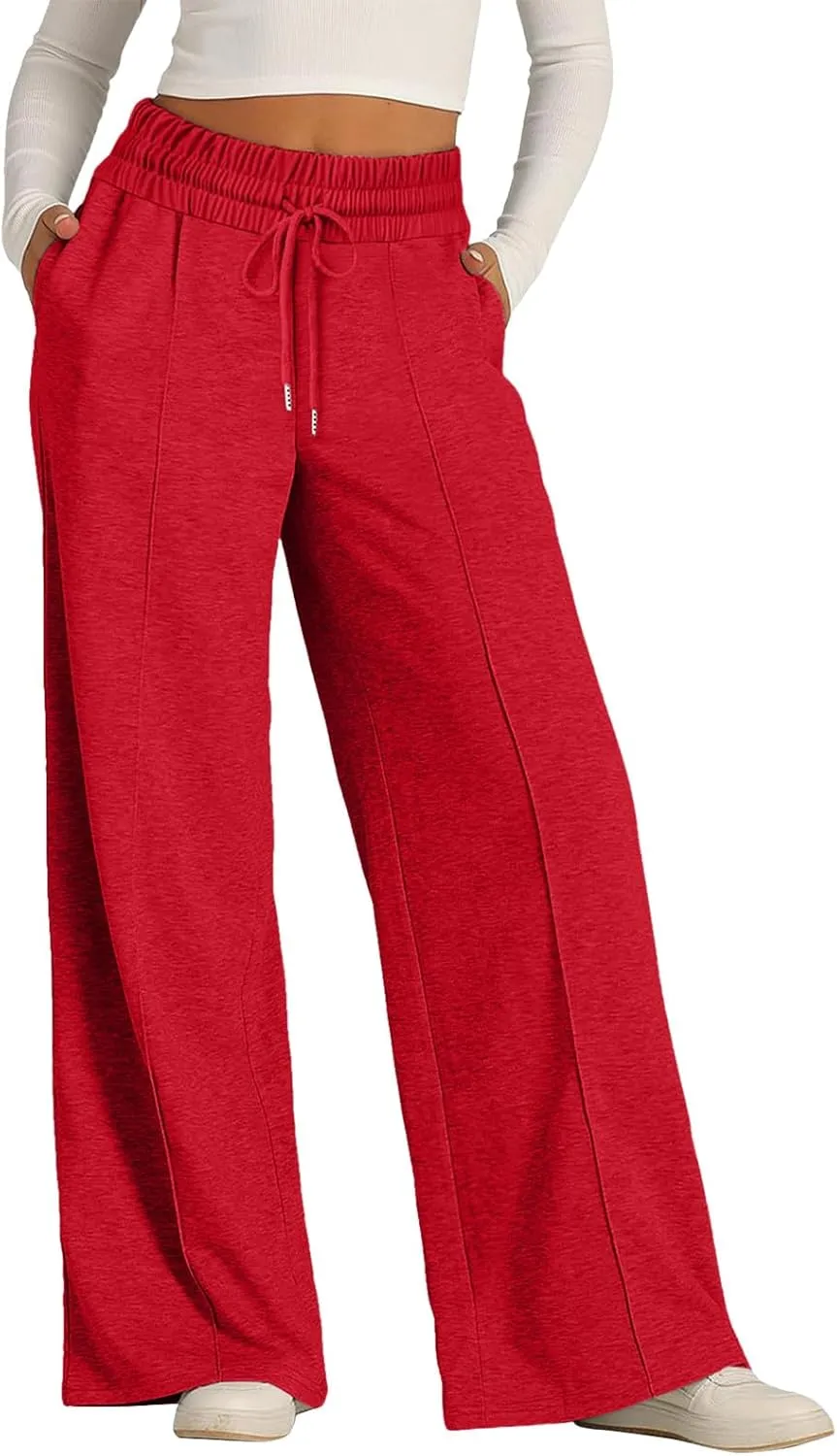 Women Wide Leg Sweatpant High Waist Cotton Baggy Casual Drawstring Waist Running Joggers Pants with Pockets