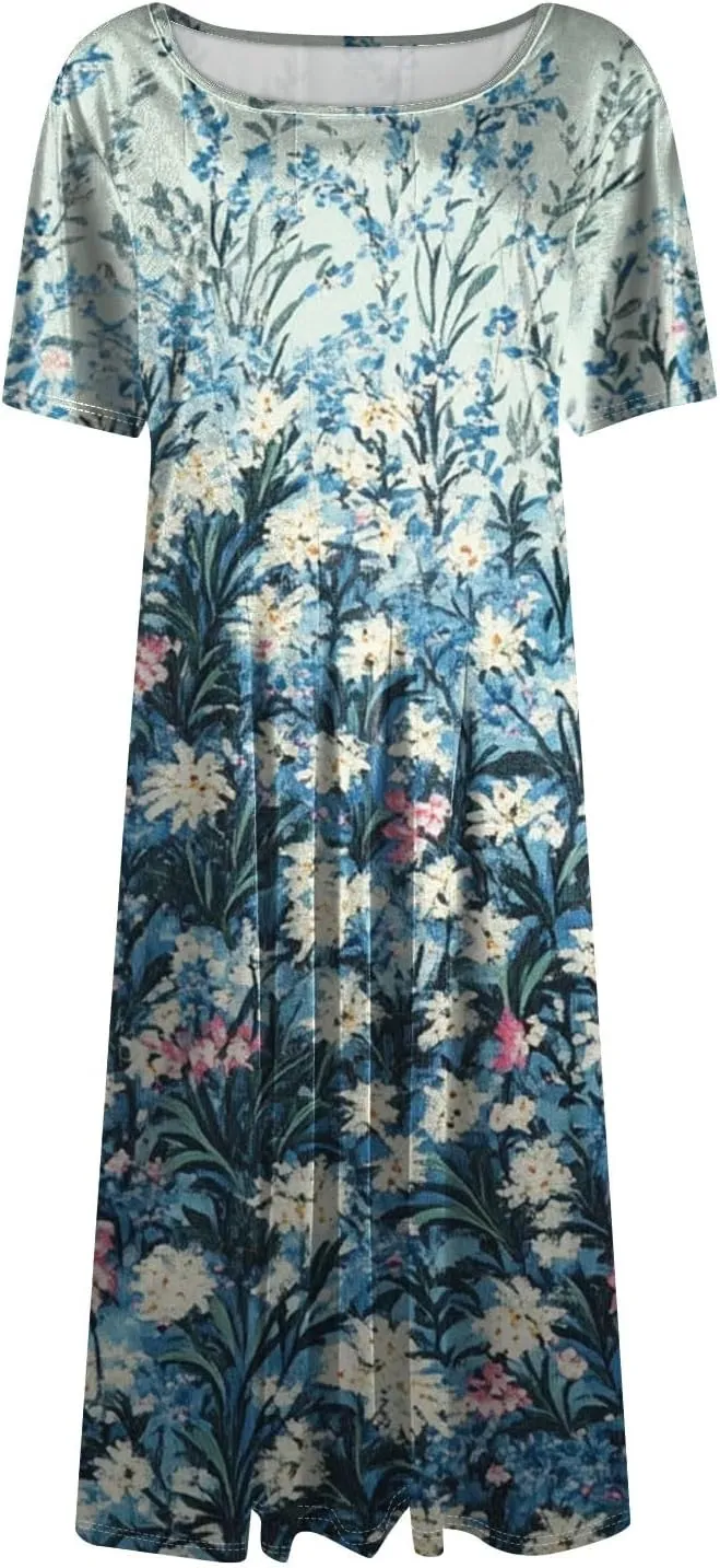 Womens Dresses 2025 Summer Empire Waist Crewneck Short Sleeve Midi Sun Dress Vacation A Line Dress Side Pockets