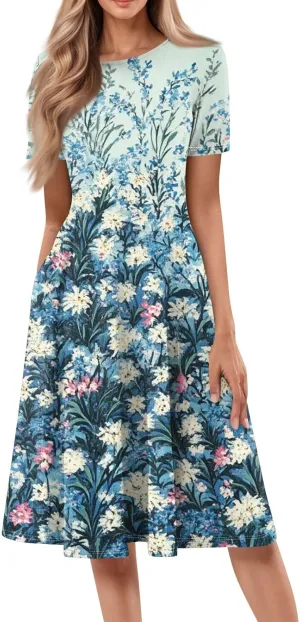 Womens Dresses 2025 Summer Empire Waist Crewneck Short Sleeve Midi Sun Dress Vacation A Line Dress Side Pockets