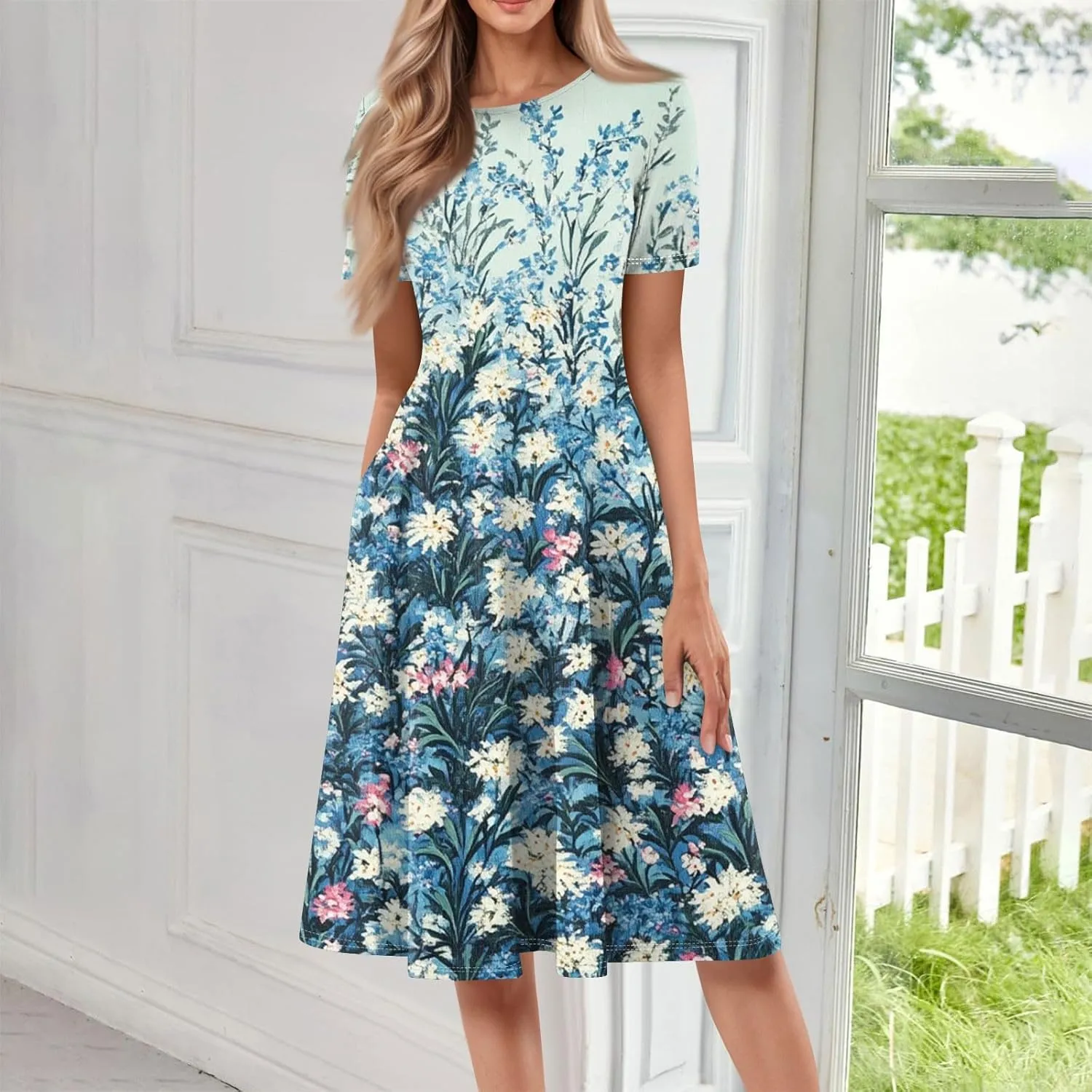 Womens Dresses 2025 Summer Empire Waist Crewneck Short Sleeve Midi Sun Dress Vacation A Line Dress Side Pockets