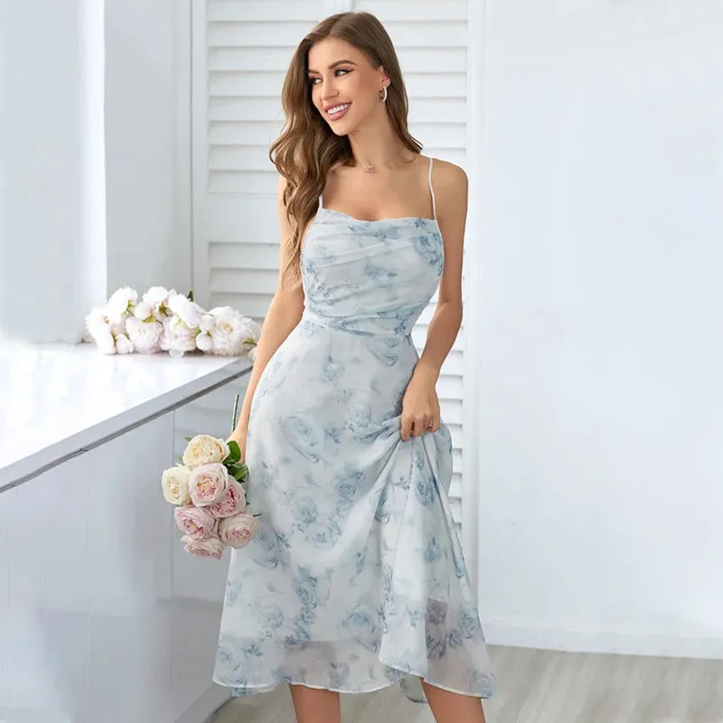 Women's Floral Print Ruched Hollow Back Summer Cami Dress