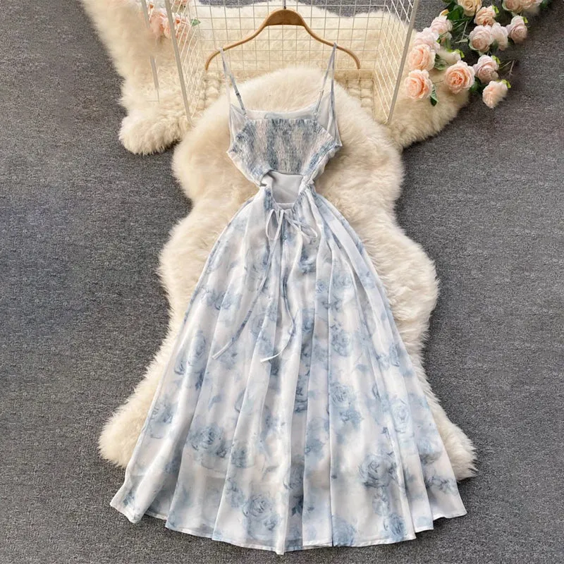 Women's Floral Print Ruched Hollow Back Summer Cami Dress