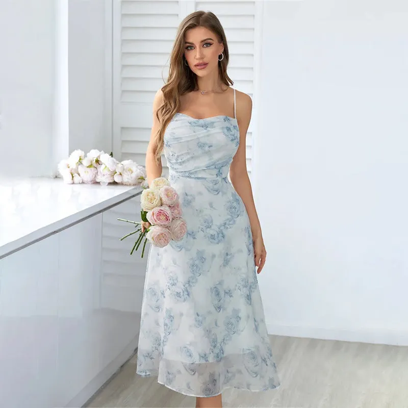 Women's Floral Print Ruched Hollow Back Summer Cami Dress