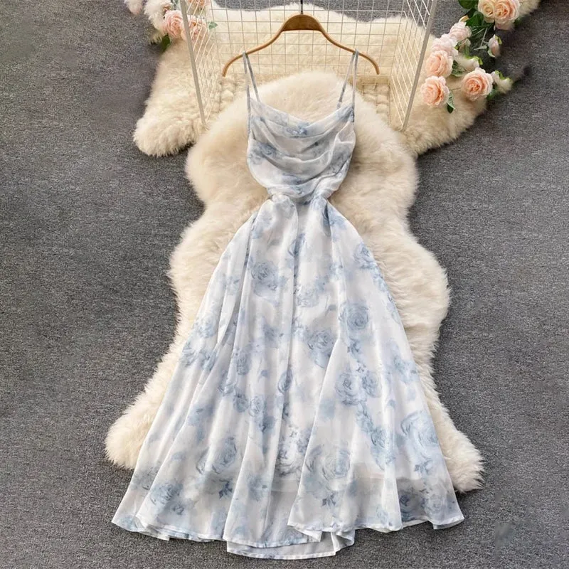 Women's Floral Print Ruched Hollow Back Summer Cami Dress
